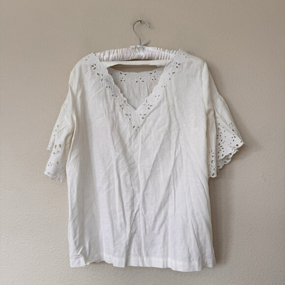 LOFT Blouse White Embroidered Eyelet Short Sleeve Size Medium Linen - Picture 13 of 14
